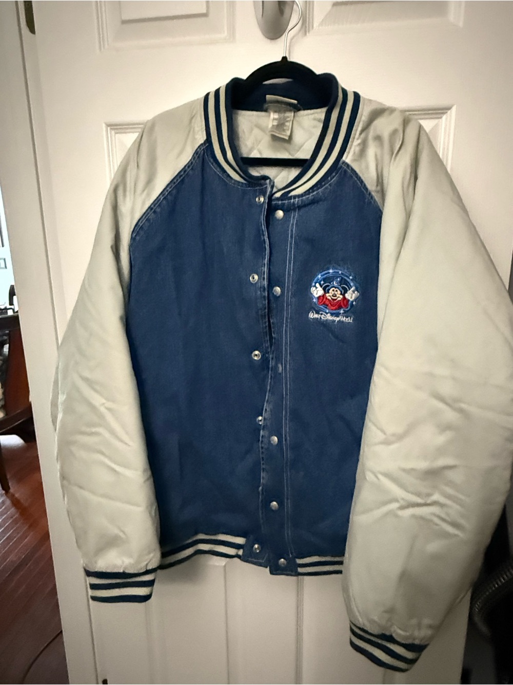 Disney Blue and Cream Mickey Embroidered Varsity Jacket